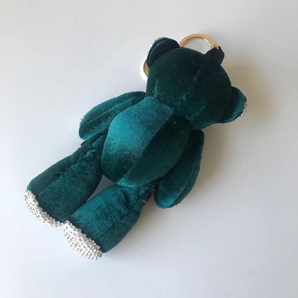 Green Velvet Rhinestone Moveable Bear Bag Charm Key Chain - Picture 13 of 16